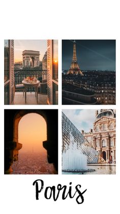 the paris skyline is shown in four different pictures