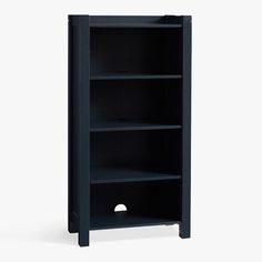 a black bookcase with two shelves on each side and one door open to reveal the bottom shelf