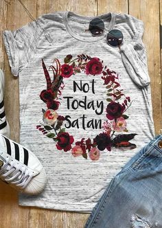 Plus Size Women T-Shirt Short Sleeve Not Today Satan Floral T-Shirt 2018 Summer Casual Female t shirt Gray Ladies Tops Tee 3XL Satanic Shirt, Mom Tee Shirts, Boho Tees, Mother Shirts, Female Shorts, Gym Shirt, Tops Blouse, Not Today, Lady Grey