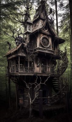 a tree house in the woods with lots of windows and trees growing out of it