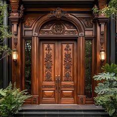 an ornate wooden door in front of a house with potted plants on either side