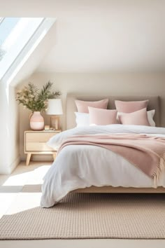 a white bed with pink pillows and blankets in a bedroom under a slanted skylight