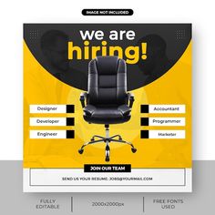 a yellow and black flyer with an office chair on the front, we are hiring