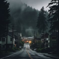 an empty street with houses and trees on both sides in the foggy night time