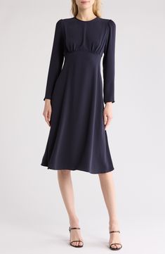 Perfect for the work day or weekend, this long-sleeve bias-cut midi dress features a lightly gathered waist and releases into a graceful A-line silhouette. Back zip closure Jewel neck Long sleeves 100% polyester Machine wash, dry flat Imported Helen Mirren Style, Long Shift Dress, Long Sleeve Midi Dresses, Daytime Dresses, Mothers Dresses, Austin Wedding, Sleeve Midi Dress, Long Sleeve Midi, Jewel Neck