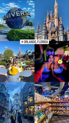 there are many different pictures in this collage with the theme park at universal studios