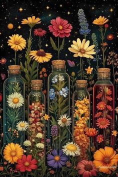 a painting of flowers in bottles on a black background with stars and the sky behind them