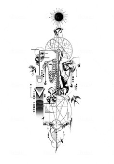 a black and white drawing of an abstract design with birds, flowers, and geometric shapes