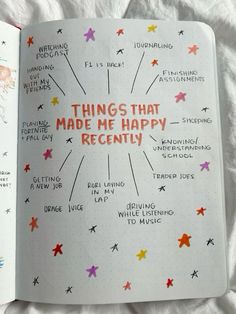 an open notebook with writing on it and colorful stars in the pages that say things that made me happy recently