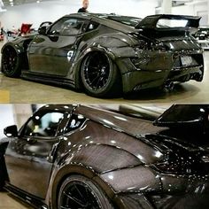 two pictures of the back and side of a black sports car with chrome paint job