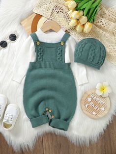 Baby Girl Solid Knit Jumpsuit & Hat Without Sweater Green Casual  Sleeveless Knitwear Plain Jumpsuit High Stretch  Baby Girls Clothing, size features are:Bust: ,Length: ,Sleeve Length: Crochet Baby Projects, Crochet Baby Girl Dress, Pull Bebe, Knit Baby Sweaters, Baby Knitwear, Handmade Baby Gifts