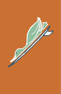 an orange background with a green and white bird on top of a surfboard in the air