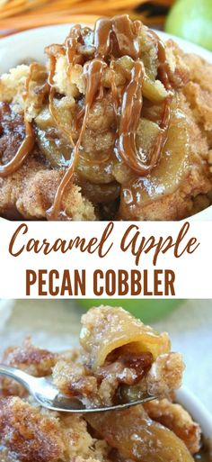 caramel apple pecan cobbler on a white plate with a spoon in it