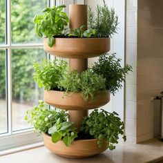 a stack of wooden planters filled with plants on top of a counter next to a window