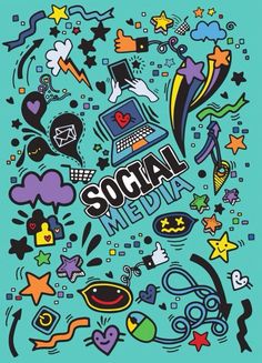 the word social surrounded by colorful doodles and stars on a blue background with various symbols