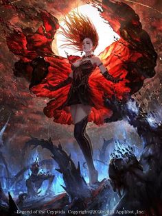 a woman with red wings is standing in the middle of a demonic forest, surrounded by monsters