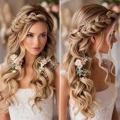 Bridal Long Braid Hairstyles, Western Style Wedding Hair, Blonde Hair Styles Prom, Viking Wedding Hairstyles For Long Hair, Midevil Wedding Hairstyles, Braided Hairstyles With Veil, One Side Bridal Hairstyle, Fairy Tale Wedding Hair, Brid Hair Styles