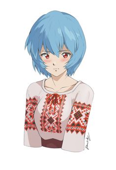 an anime character with blue hair and red eyes