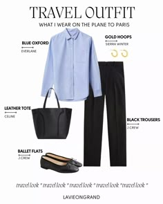 5 outfits to wear on the plane to Paris to feel chic, classic, and comfortable. Travel Outfit Elegant, What To Wear To Work In Summer, Classic Polished Outfits, Chic Airplane Outfit, Travel Outfits 2023, Business Travel Outfits Woman, Outfit Ideas For Paris, Plane Travel Outfit, Work Travel Outfit