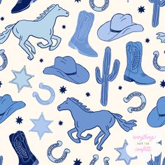 blue cowboy hats, boots and horses are on a white background with stars in the sky