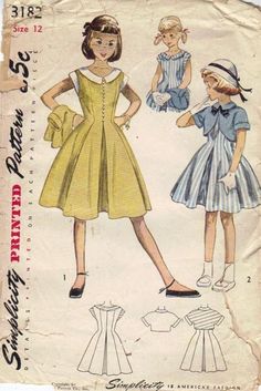 an old fashion sewing pattern with two girls in dresses and one is wearing a hat