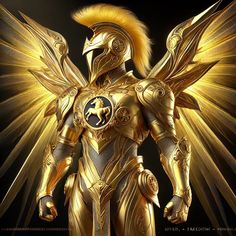 a golden armor with large wings on it