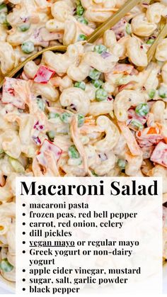 macaroni salad in a white bowl with a gold serving spoon