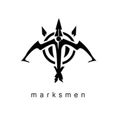 a black and white logo with the word marksmen in it's center, surrounded by arrows