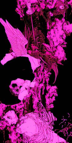 an artistic image of flowers and skulls on a black background with pink hued paint