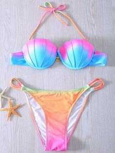 Wheretoget - Pastel multicolor shell-shaped mermaid bikini Purple Blue Ombre, Mermaid Swimsuit, Reversible Swimwear, Monokini, Eminem, Beach Style, Starfish, Women Swimsuits, String Bikinis