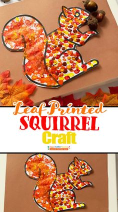 the paper plate squirrel craft is made with fall leaves and acorns on it