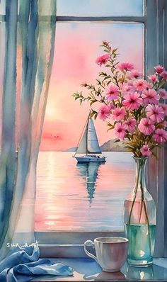 a painting of pink flowers in a vase next to a window with a sailboat on the water