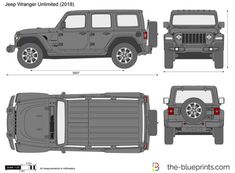 the jeep wrangle is shown in three different views