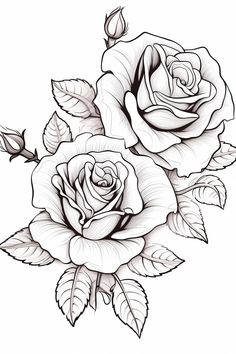 two roses with leaves on the stems are drawn in black and white, as well as one