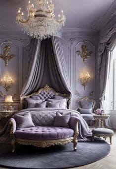 a luxurious bedroom with purple and gold decor, chandelier and bedding in the corner