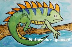 a drawing of a green chamelon sitting on a tree branch with the words watercolor iguanas