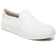 A perfect blend of skate park cool and city chic, the Madison slip-on sneaker offers a sleek profile, classic white rubber sidewalls, and an insole that keeps feet happy all day. From Dr. Scholl's. White Synthetic Slip-ons With Perforated Toe Box, Comfortable Slip-on Skate Shoes, Trendy Slip-on Skate Shoes With Rubber Sole, White Slip-ons With Perforated Toe Box, White Textured Sole Slip-ons For Streetwear, Everyday White Synthetic Slip-on Sneakers, White Slip-on Sneakers For Everyday, Spring Cushioned Slip-on Skate Shoes, Casual White Slip-ons With Perforated Toe Box