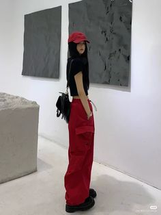 Punk Sporty Outfits, Red And White Outfit Casual Street Style, Red Outfit Aesthetic Korean, Red Sporty Outfit, Korean Sporty Outfits, Red Parachute Pants, Red Grunge Outfit