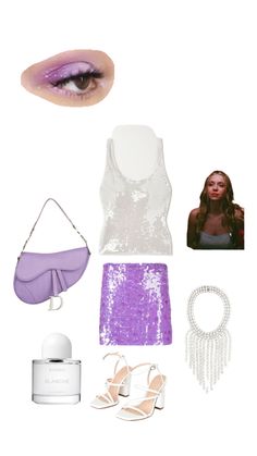 a woman's purple outfit and accessories are arranged in the shape of an eye