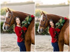 a woman standing next to a brown horse wearing christmas wreaths on its head and holding the bridle