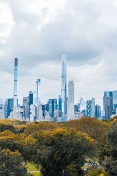 the city skyline is shown from across the park