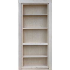 a white bookcase with three shelves on each side and one door open to the other