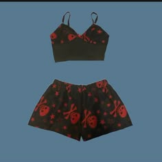 red and black fleece skull shorts and cami pajama set! handmade by me and made to order :) please message me if you need custom measurements! Cheap Black Pajama Shorts For Summer, Cheap Black Summer Pajama Shorts, Cheap Black Character Print Sleepwear, Cheap Pajama Shorts For Sleepovers, Goth Matching Pajamas, Skull Pants Pajamas, Goth Pajamas Comfy, Cheap Fitted Halloween Sets, Cheap Black Sleepwear With Character Print