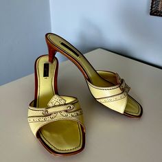 Pale Yellow Louis Vuitton Kitten Heels With A Wood Detailed Heel, Size 7. Yellow Kitten Heels, Yellow Kitten, Vintage Kitten Heels, 2000s Shoes, Louis Vuitton Heels, Wood Heels, Vintage Pumps, Shoes Aesthetic, Fantasy Closet