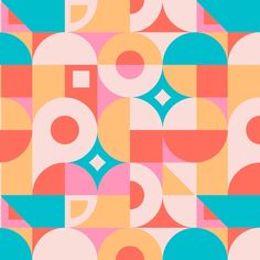 an abstract geometric pattern with circles and dots in pink, blue, yellow, and orange