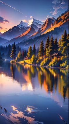 a painting of mountains and trees reflecting in the water