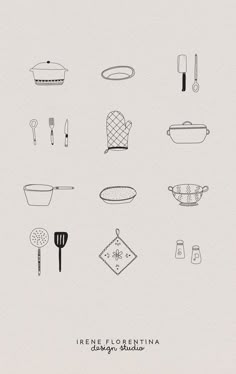 an image of kitchen utensils drawn in black and white