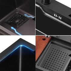 four different views of an oven with blue lighting coming from the top and bottom panels