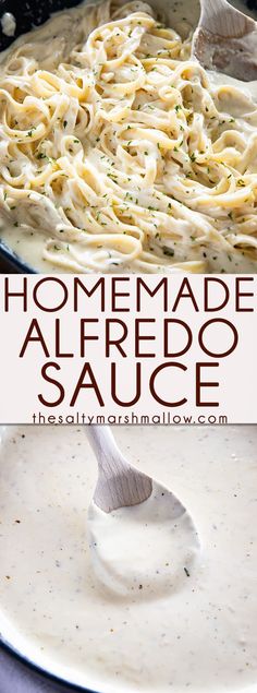 homemade alfredo sauce in a skillet with a ladle full of it and the recipe is ready to be eaten