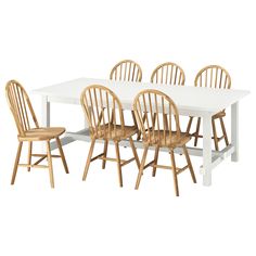 a white table with six chairs around it and one chair on the other side, in front of a white background